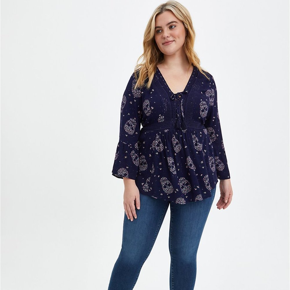 Torrid Lace-Up Babydoll  Crinkle Gauze Floral Skulls 5X